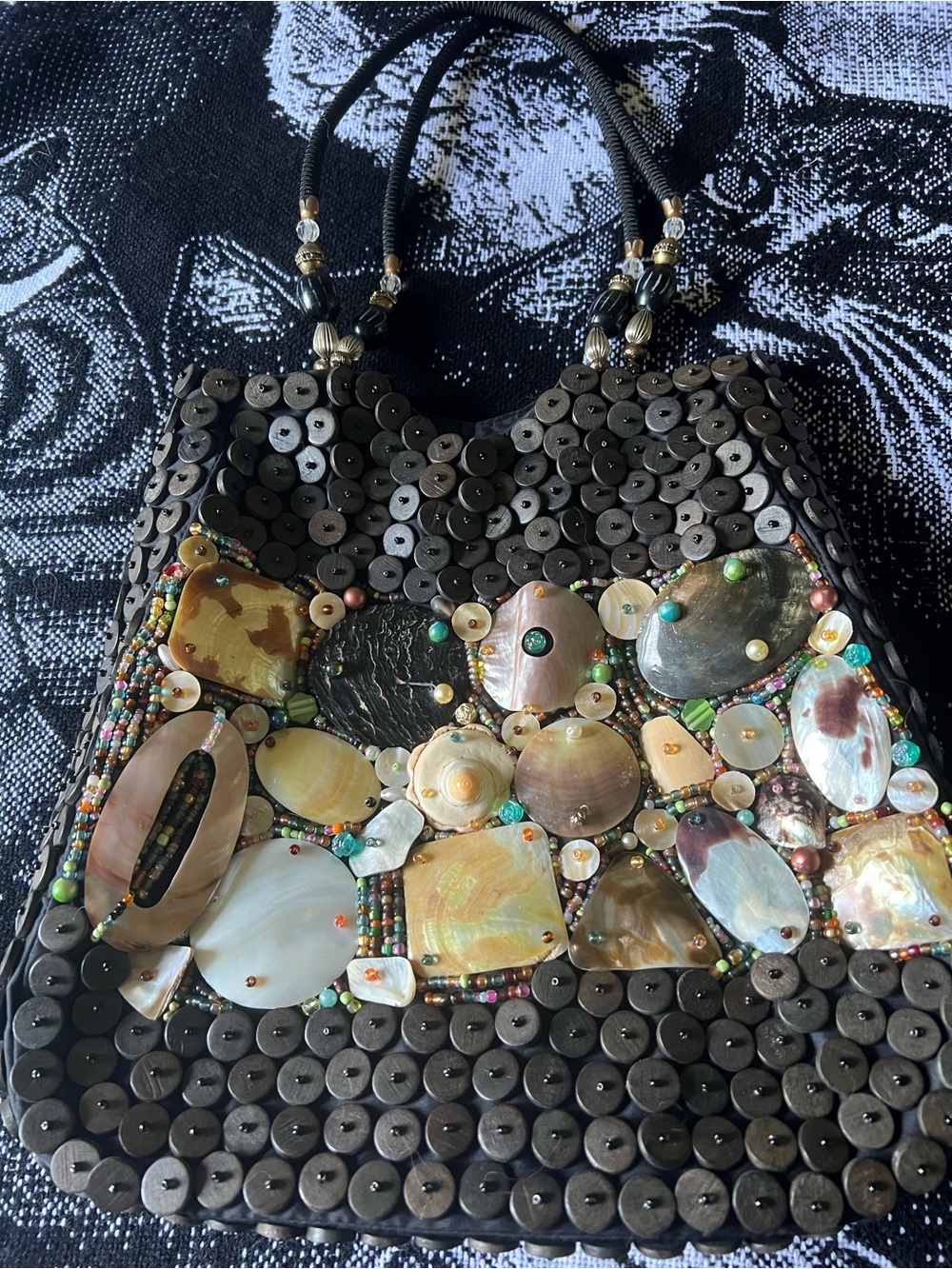 Black Beaded and Shell Accent Shoulder Bag